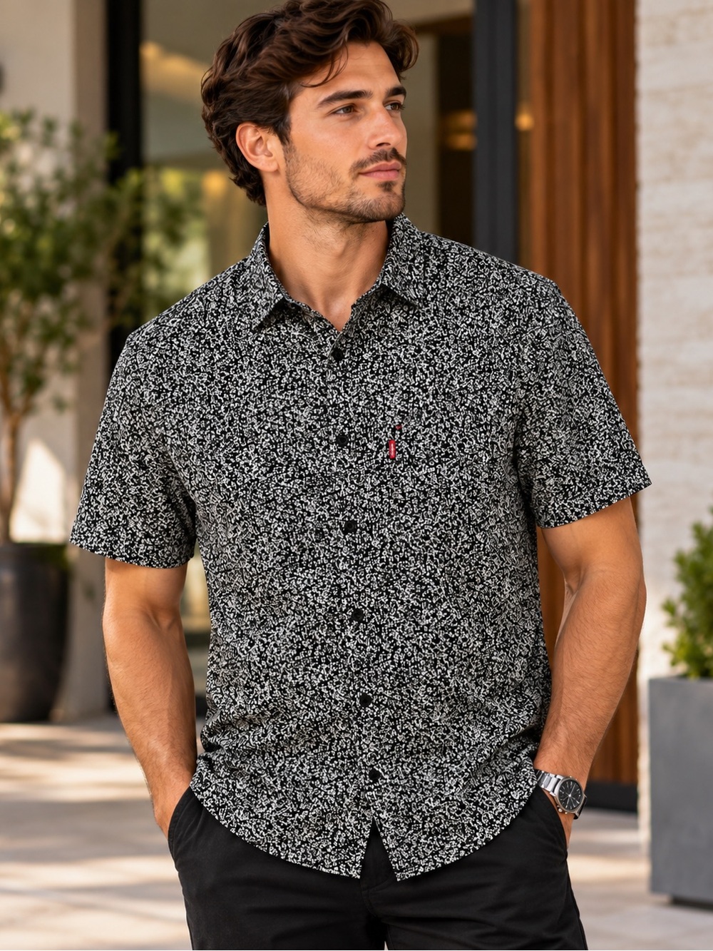 Levi’s Men’s Black & White Print Short-Sleeve Shirt – Size S